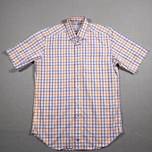 David Donahue Shirt Men Size M Plaid Short Sleeve White Orange Blue Casual